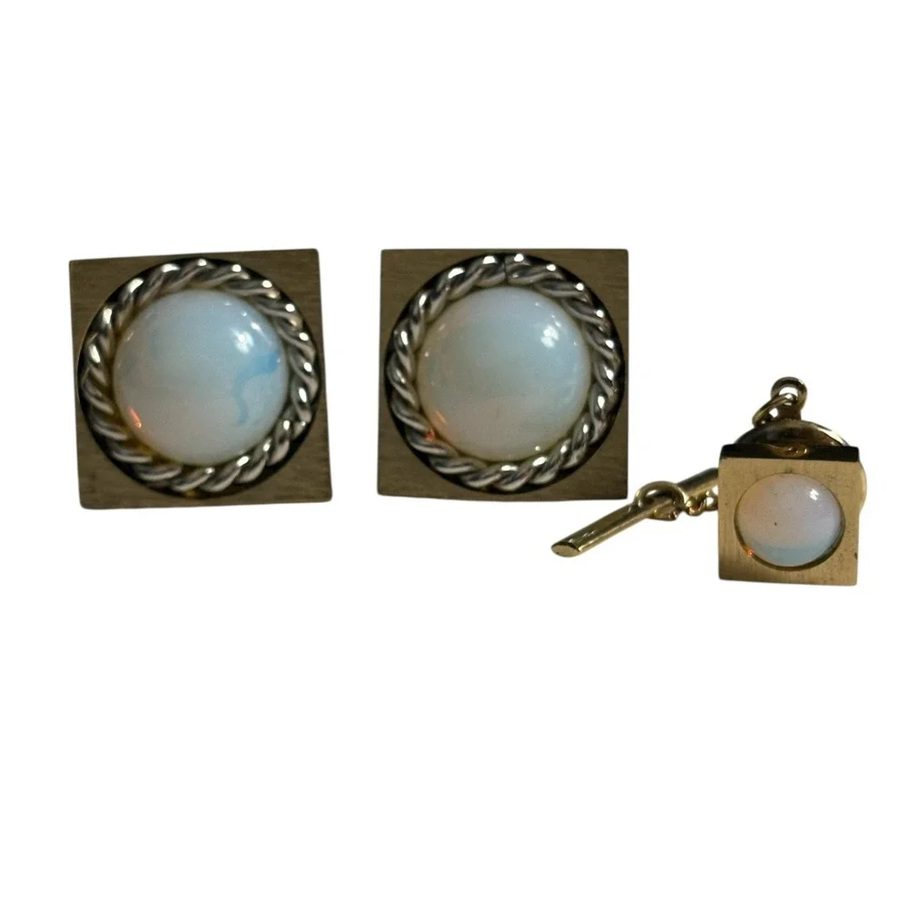 Foster Cufflinks Tie Tac Pin Set Cloudy White Round Acrylic Center Gold Tone VTG